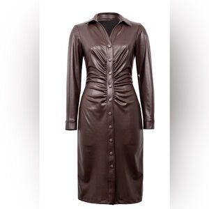 Joseph Ribkoff Mocha Faux Leather Shirt‎ Dress Size 6 Ruched Button Front